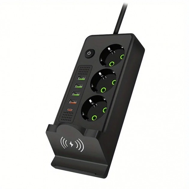 449928784 Перенесення з вбудованою бездротовою зарядкою на 3 розетки 4USB Type-C Port 3m чорний — изображение 1